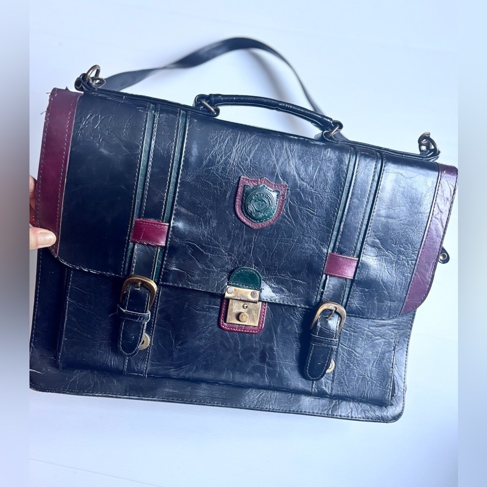 Vintage Black Leather Briefcase Burgundy Trim Business Bag